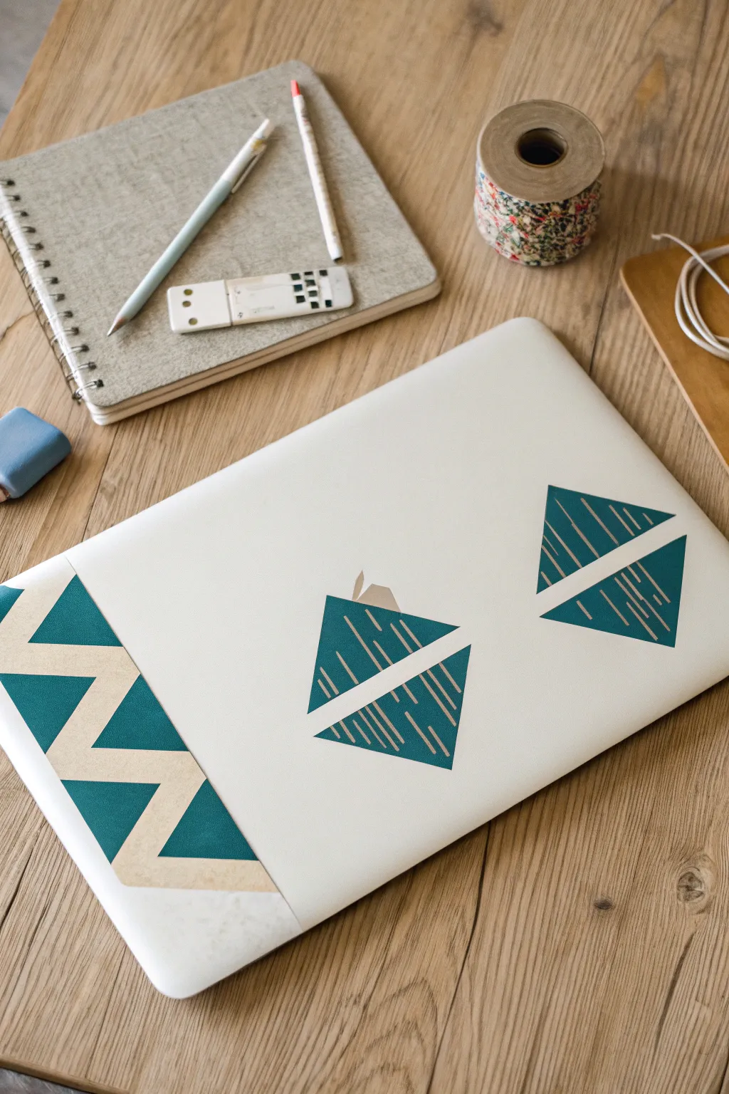 Geometric tape-resist laptop painting in progress, bold color layers and a satisfying peel reveal