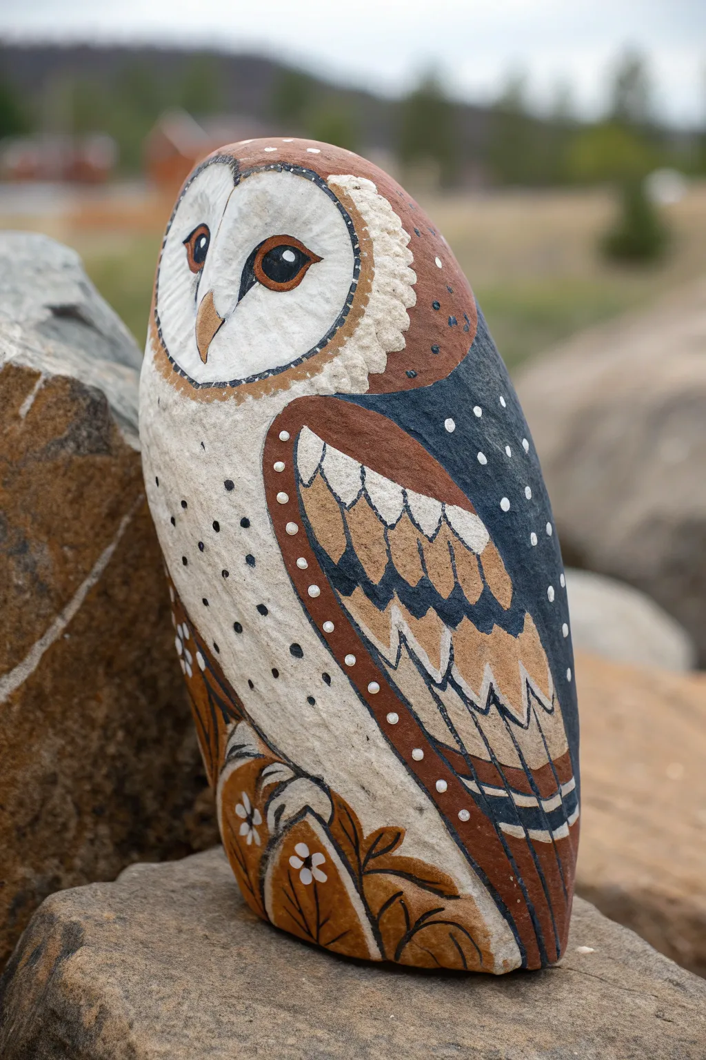 Hand-painted owl boulder with textured feathers, bold contrast, and calm Scandinavian-boho style
