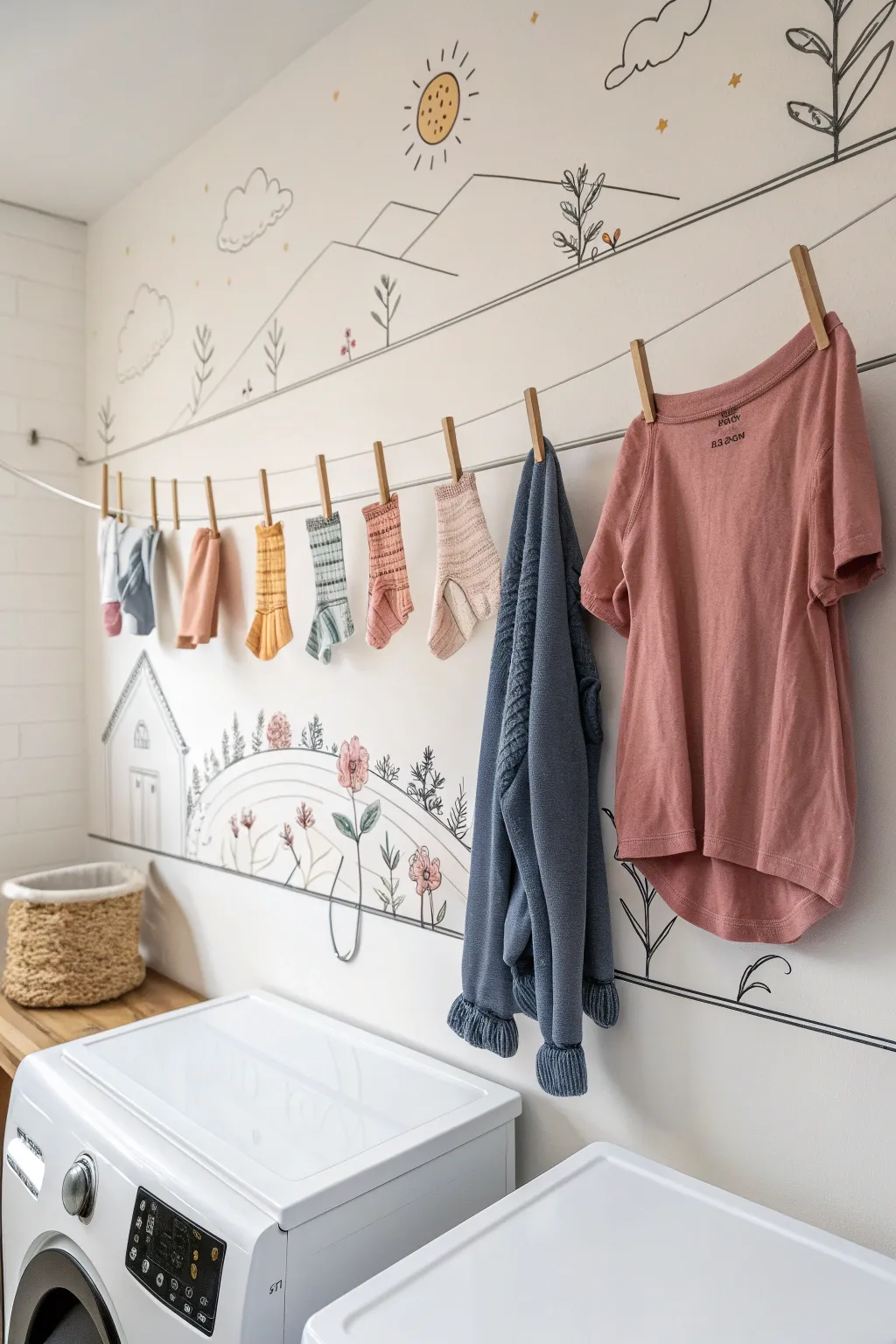 A sweet painted clothesline mural with tiny keepsakes brings warmth to a minimalist laundry room.