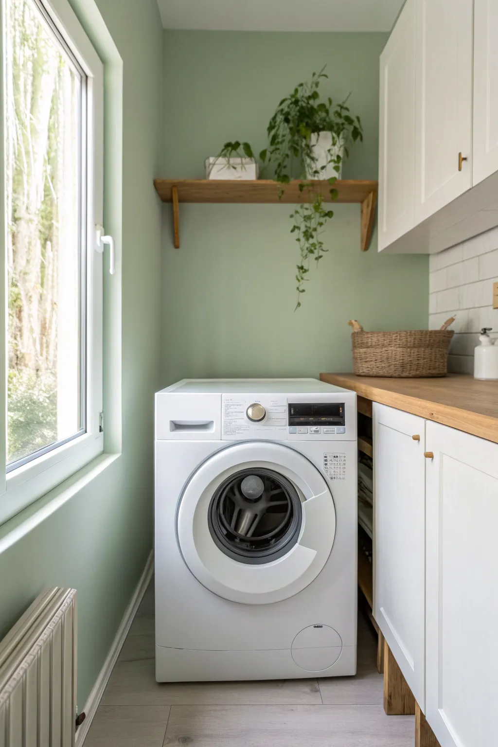 Soft sage green walls make this laundry corner feel calm, fresh, and effortlessly put together