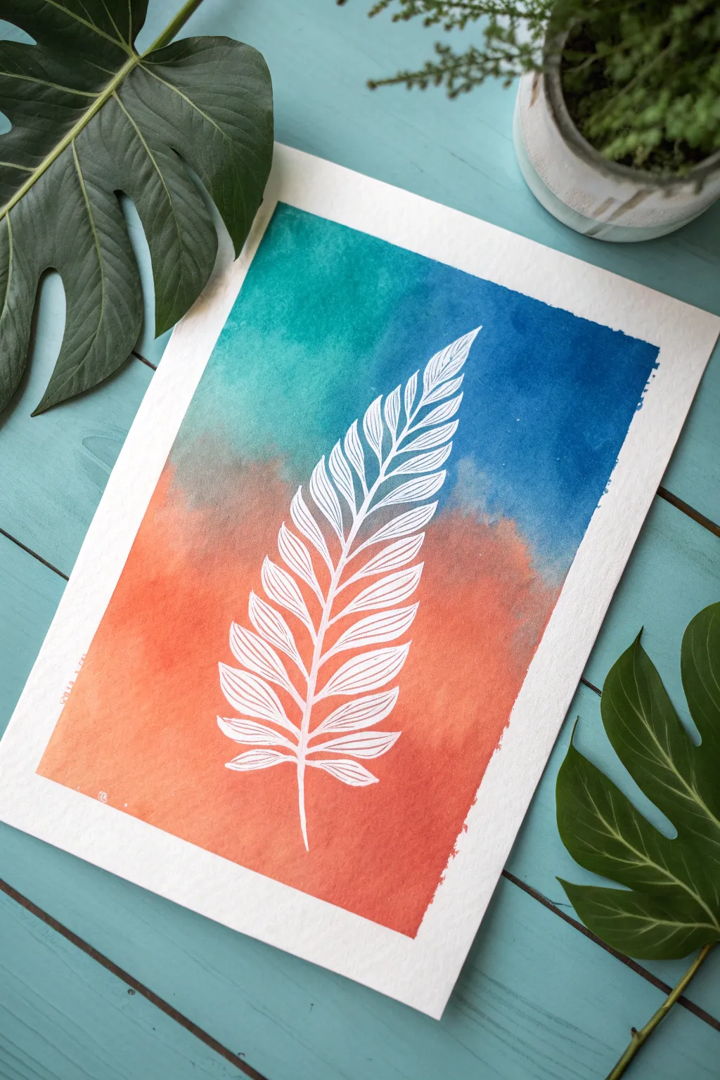 Ombre wash meets crisp leaf stencil for a modern, boho Scandinavian leaf painting idea.