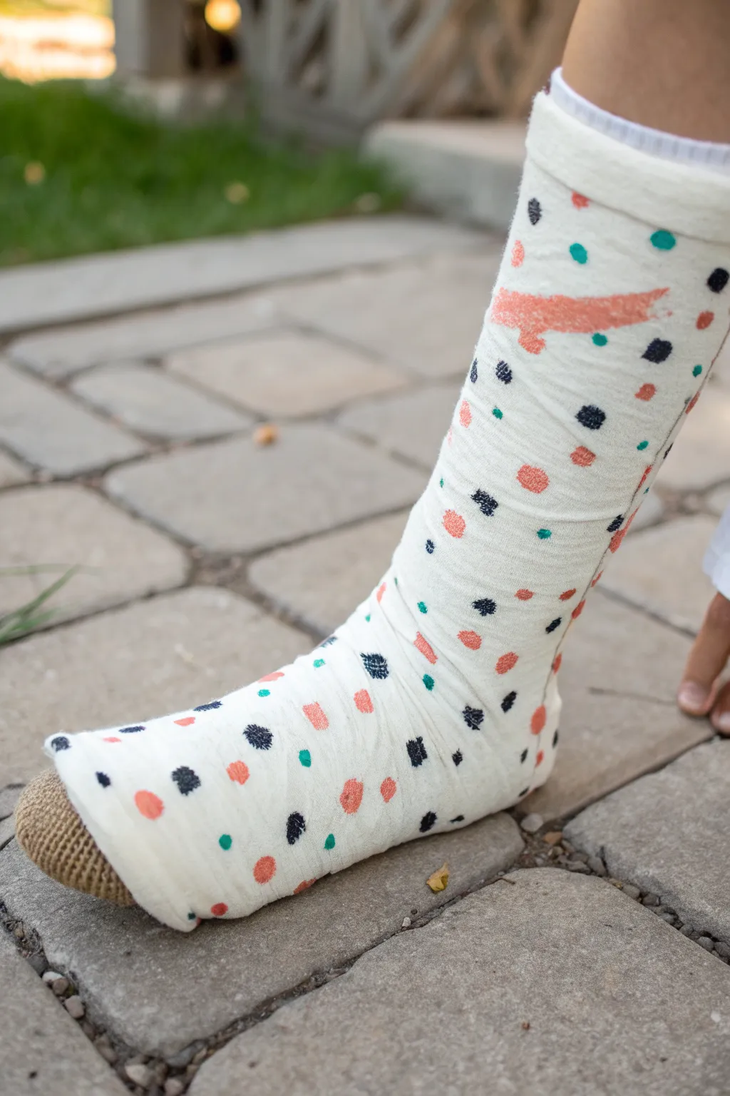 Playful polka dots and confetti doodles turn a simple leg cast into a cheerful party pattern