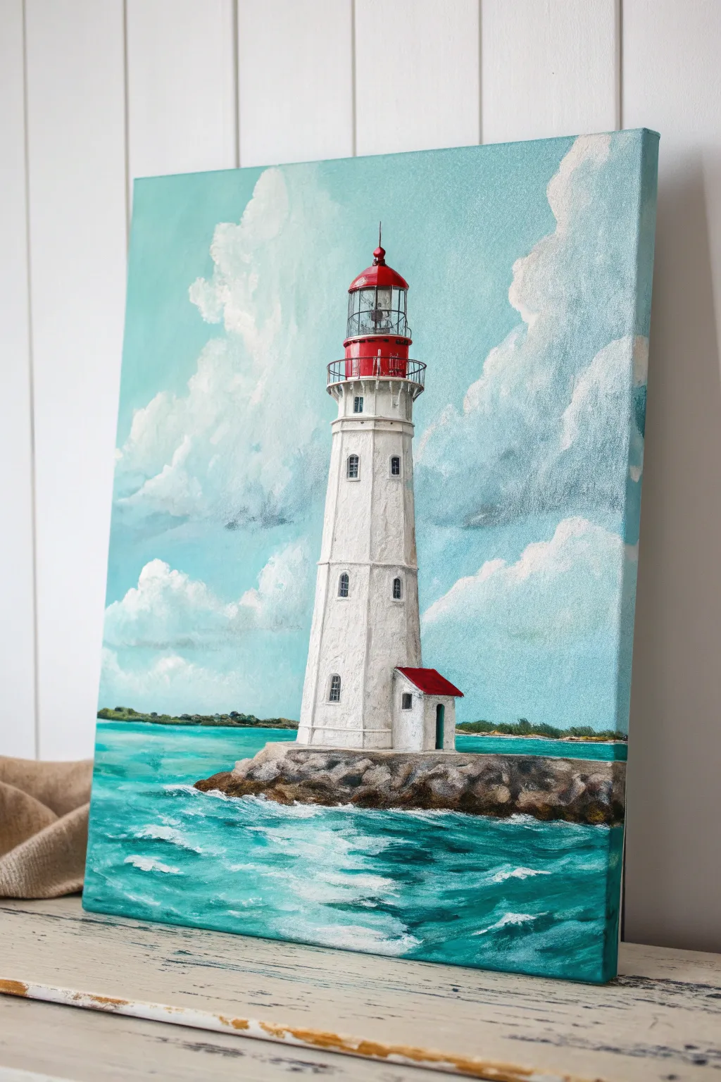 Calm seascape lighthouse painting with turquoise water and fluffy clouds, minimalist boho vibe