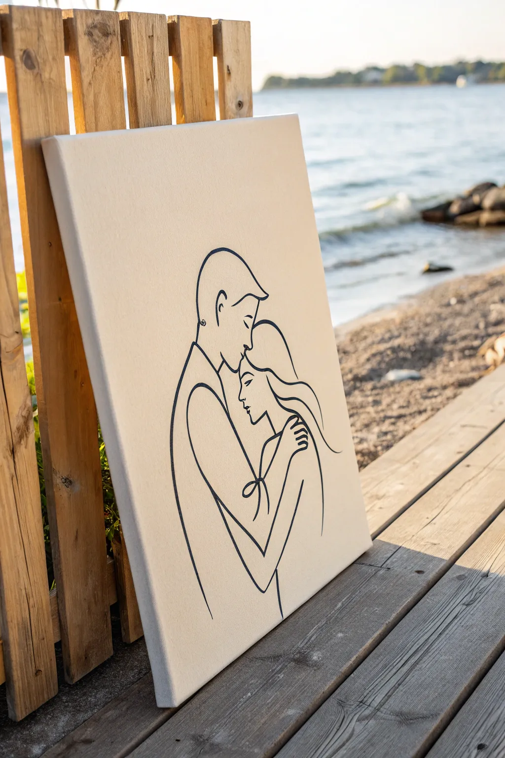 Continuous one-line couple embrace on a soft neutral gradient canvas, calm minimalist boho mood