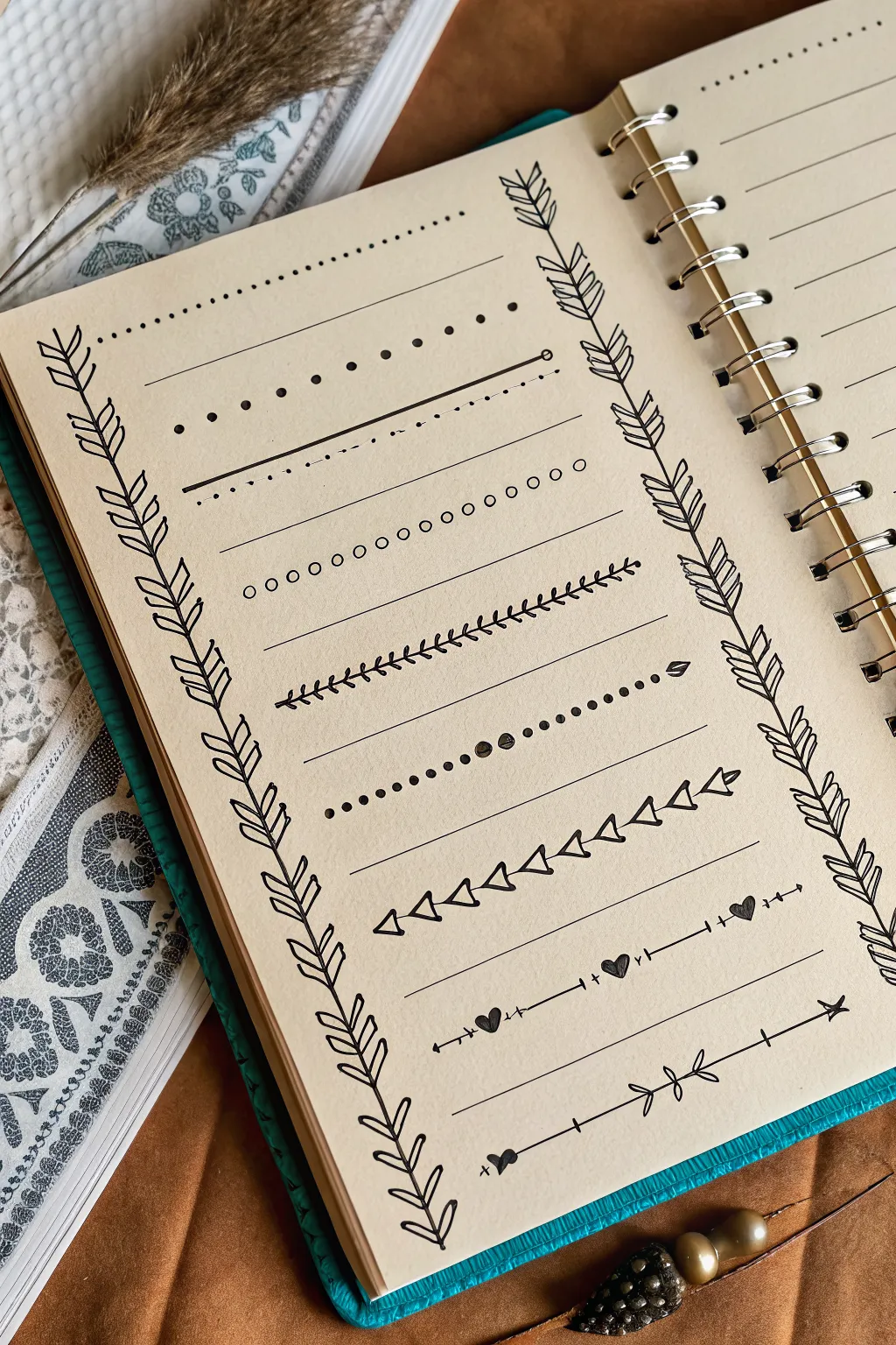 Simple decorative line border menu: scallops, brackets, arrows, and repeats in minimalist boho style
