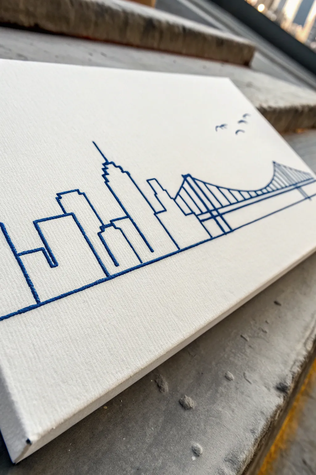 Minimal city skyline line painting idea in one bold continuous stroke, clean and calming
