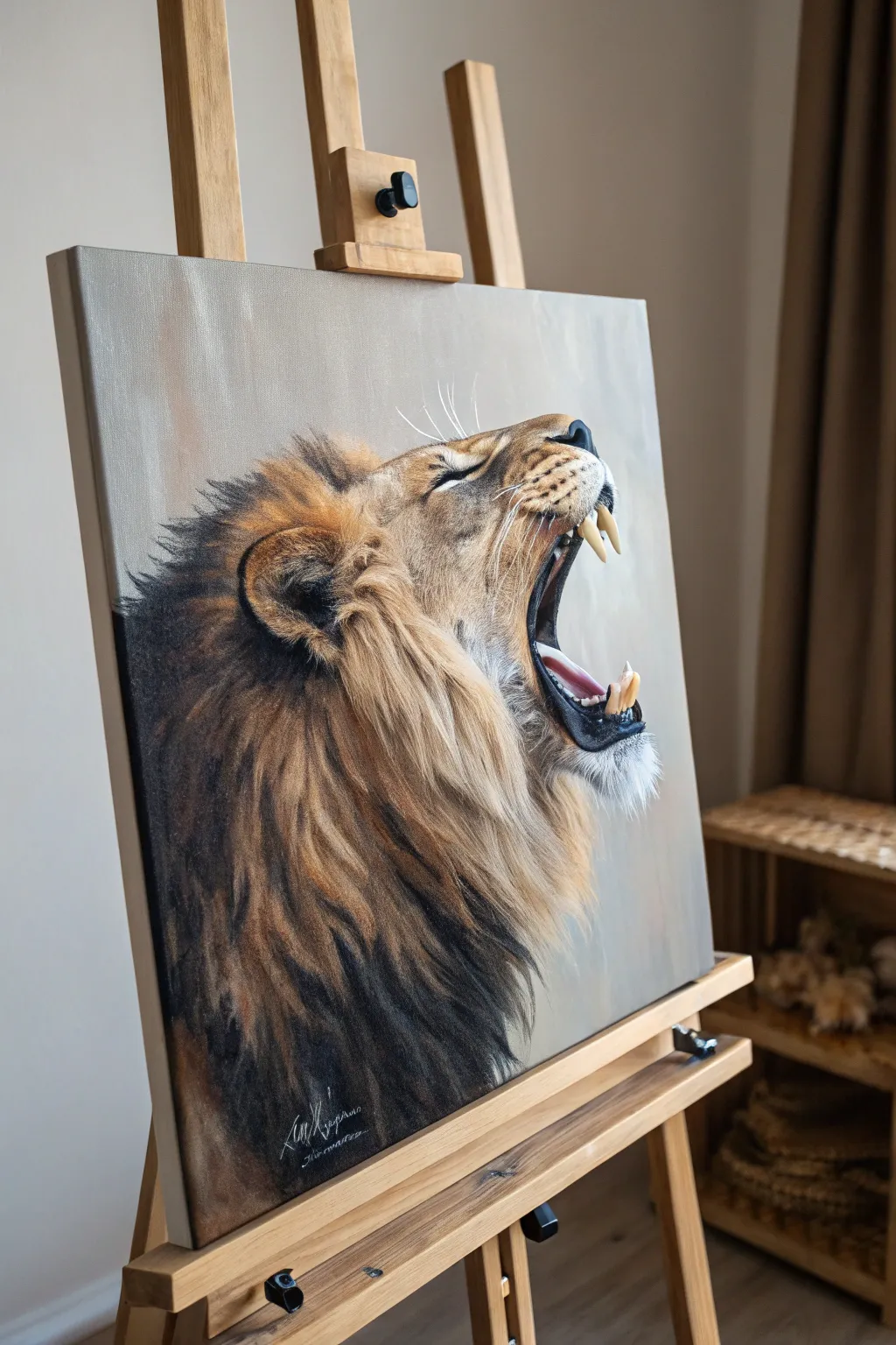 Roaring lion painting with bold shadows and striking contrast in a minimalist boho style