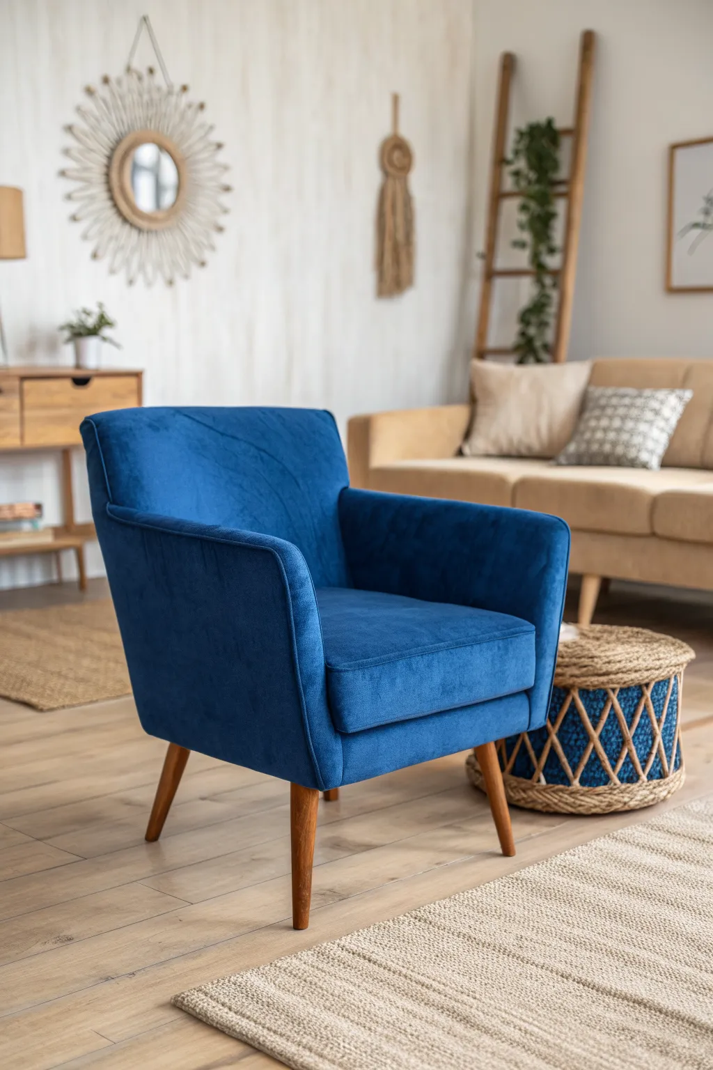 A single cobalt chair brings instant drama to a calm Scandinavian-Boho living room.