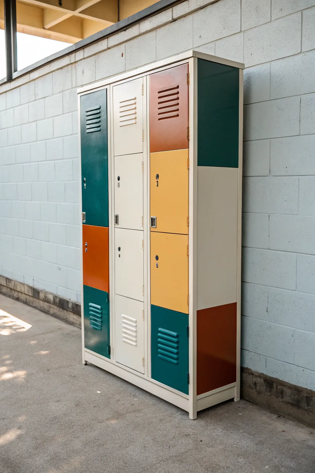 Color-blocked locker grid with crisp seams and bold hues for a chic Scandinavian boho vibe