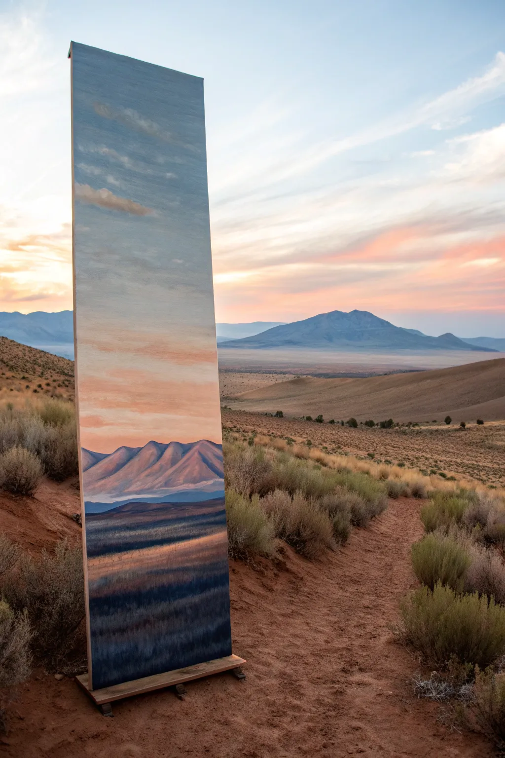 Stacked landscape layers on a long canvas: bold horizons, calm minimal lines, boho color pops