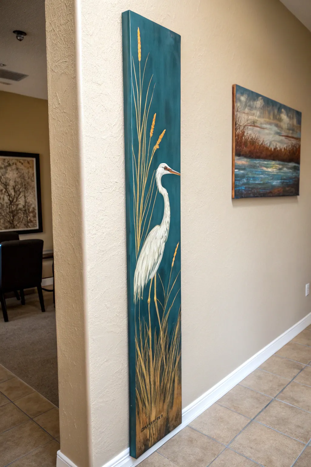 Elegant vertical heron artwork in bold reeds, minimal Scandinavian-boho vibe for entryways