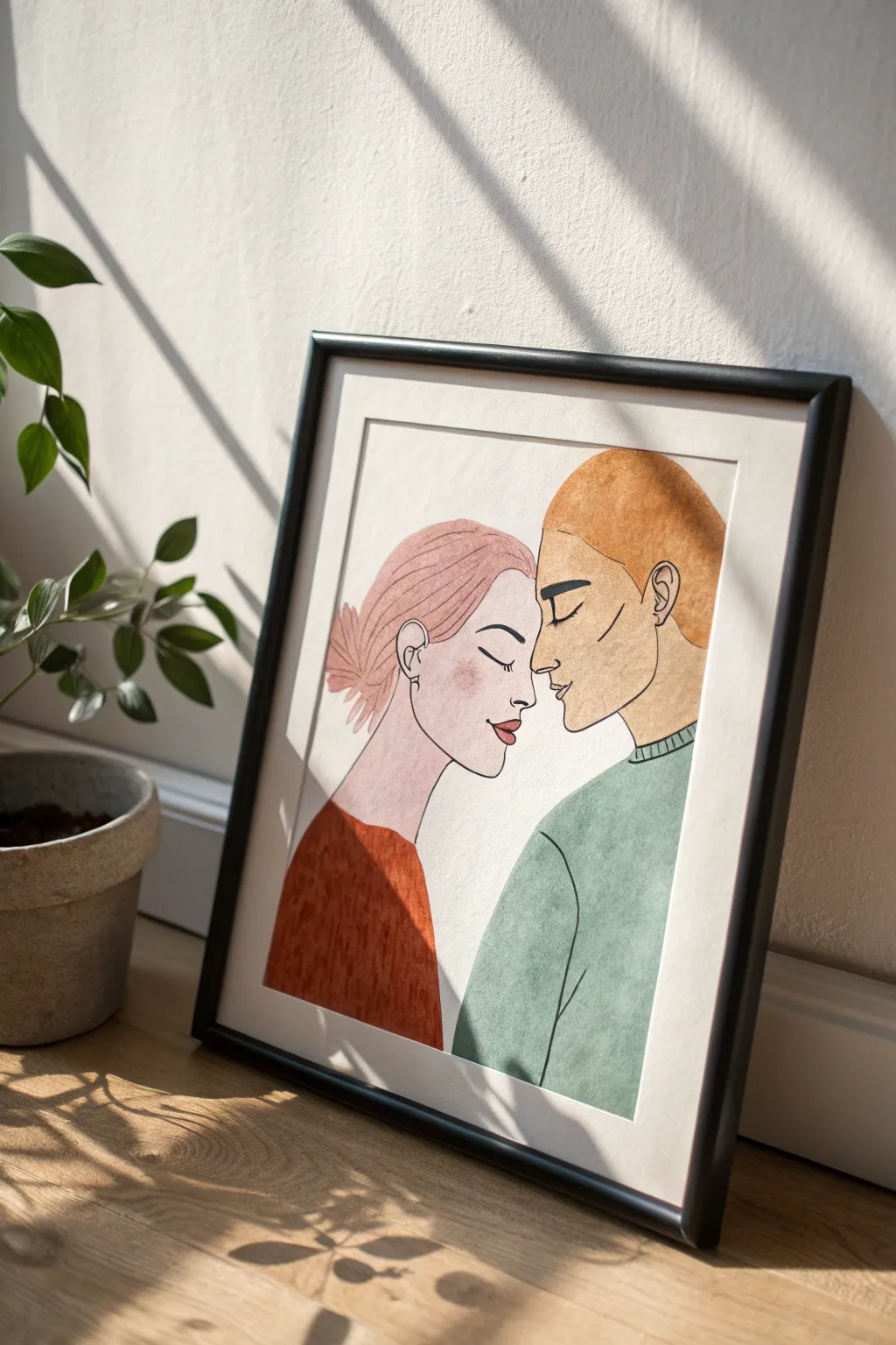 Gentle watercolor couple portrait with minimalist lines and a bold terracotta accent, full of love