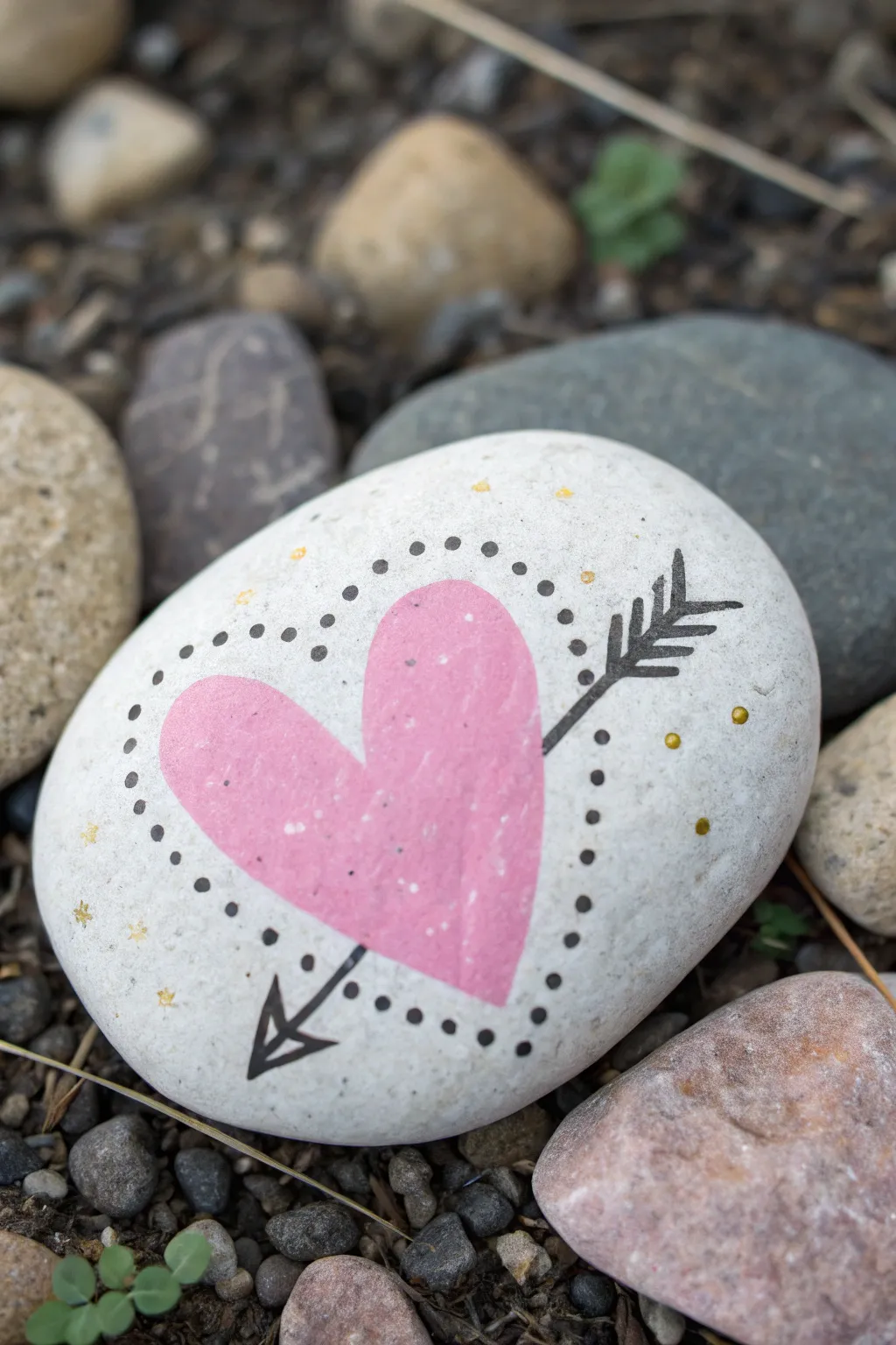 Arrow-through-heart rock in bold pink with soft sparkles, minimalist boho love craft inspiration.