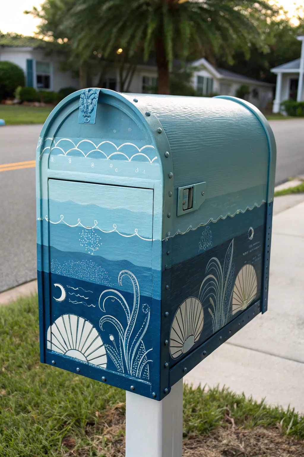 Coastal blue mailbox with simple shell accents for a fresh, breezy curb appeal update