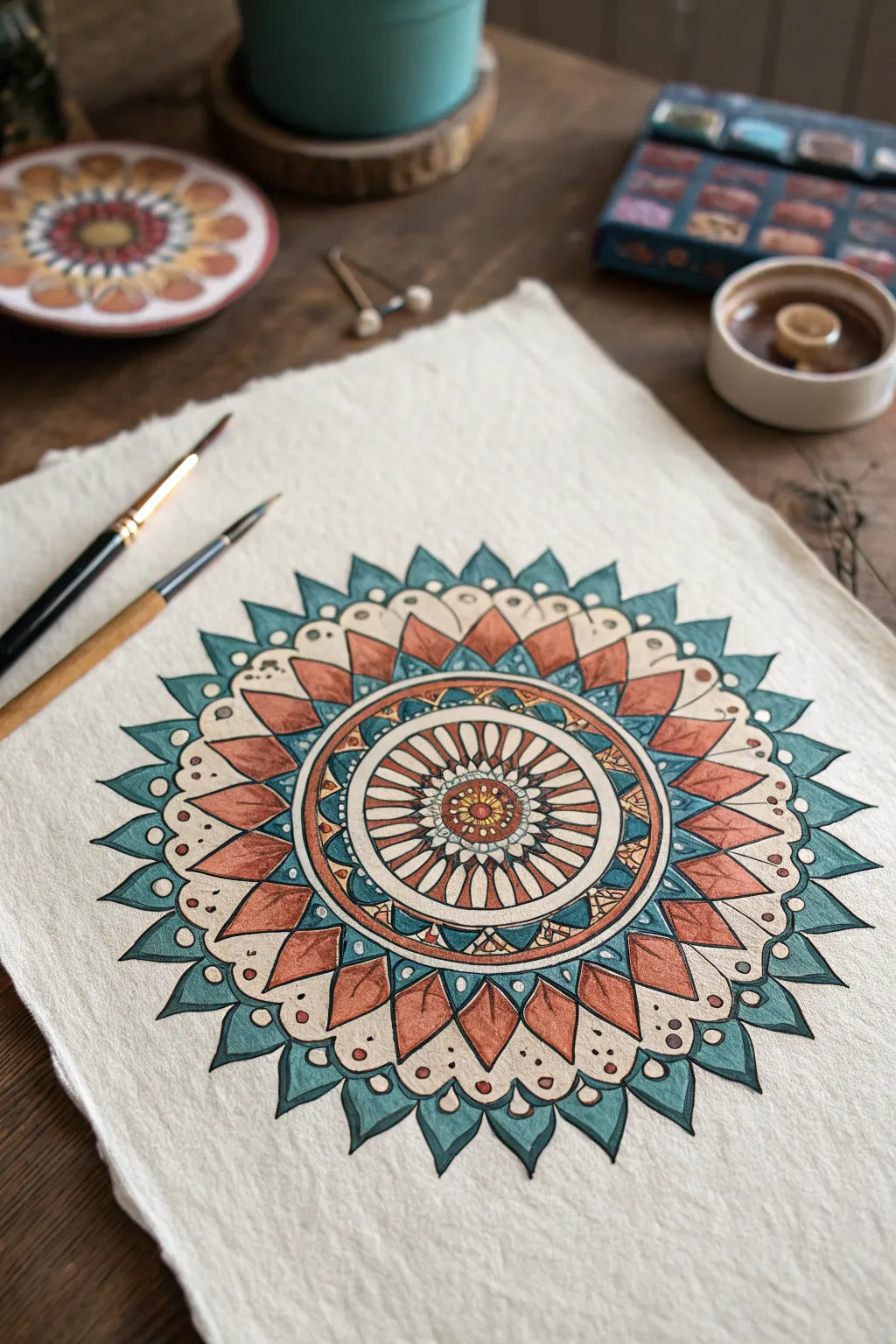 Pointed triangles and chevrons create a bold mandala ring with a clean repeat-unit inset.