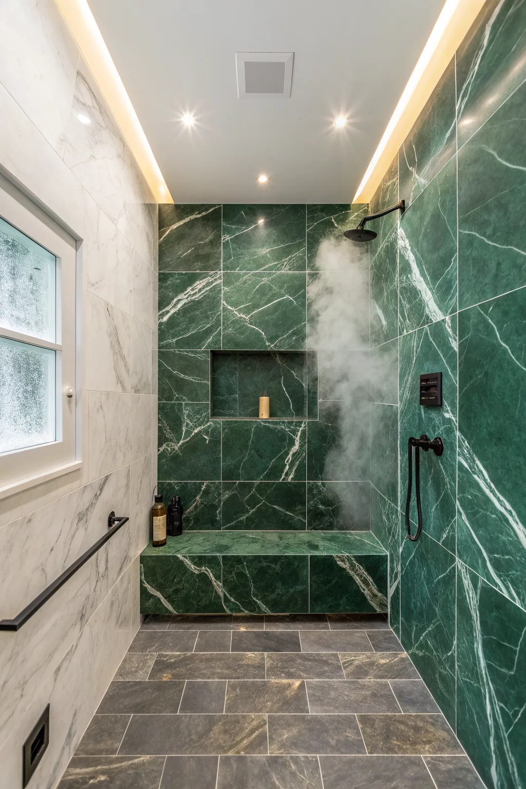 Spa-style marble shower wrap with bold emerald veining and soft steam for a calm, luxe retreat