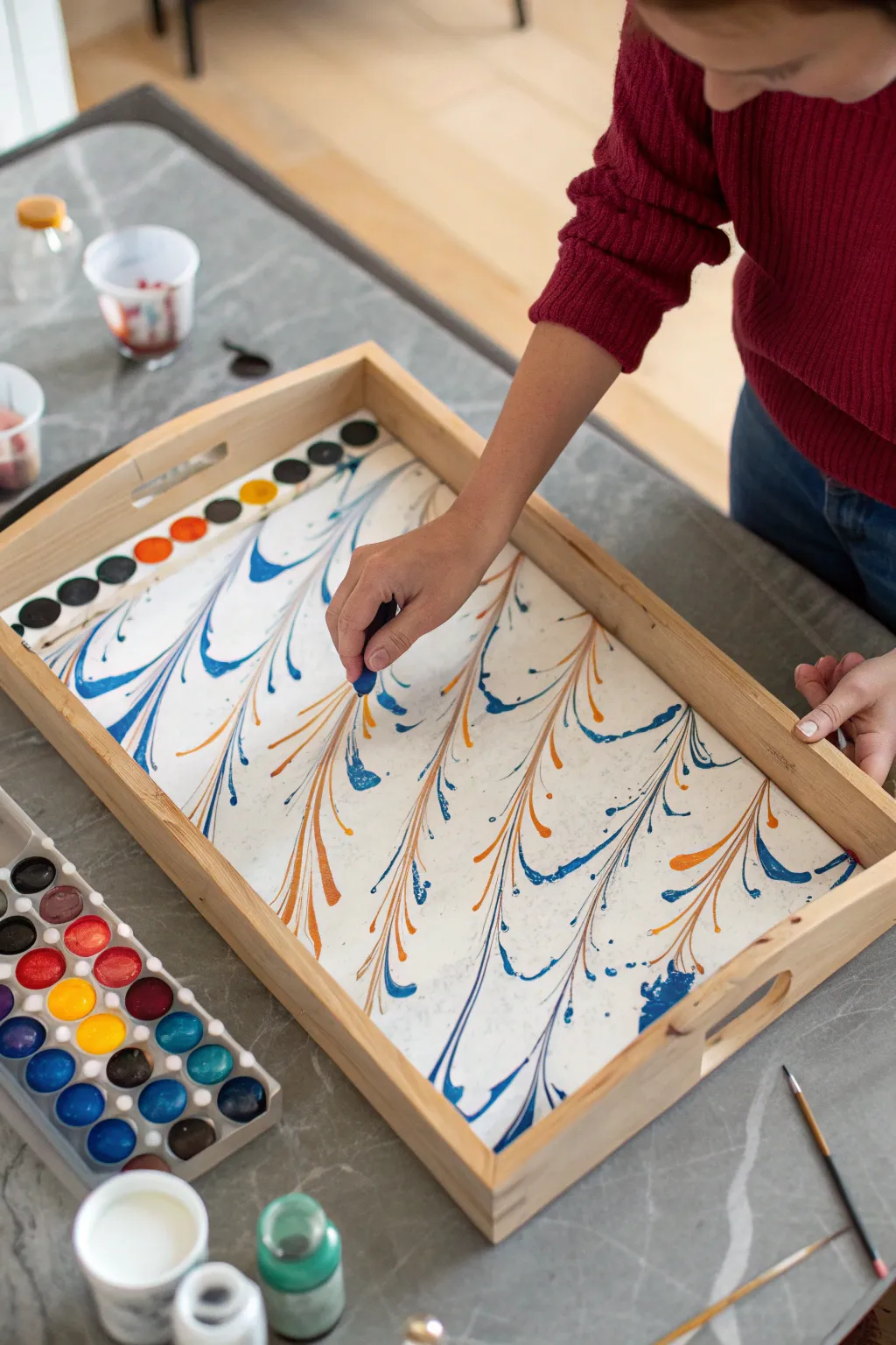 High-energy marble tilt painting with bold zigzags, Scandinavian minimal vibes, boho color pop.