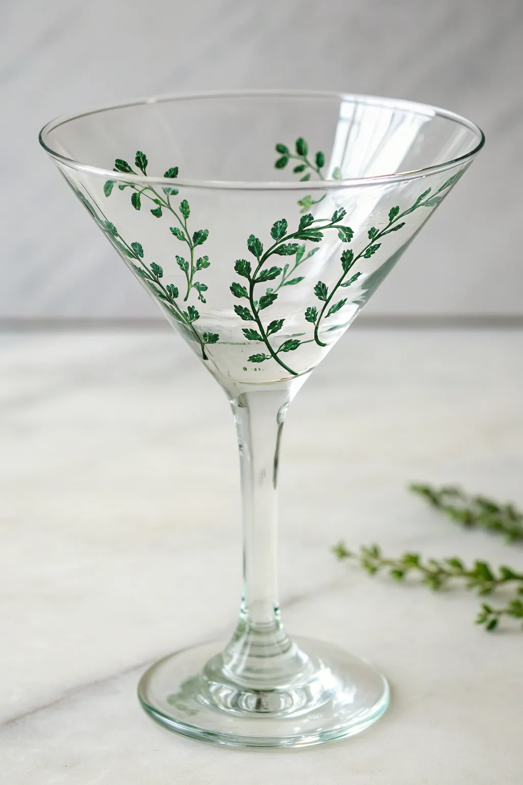 Elegant martini glass vine painting: bold green stem climb with delicate leaves, minimalist chic.
