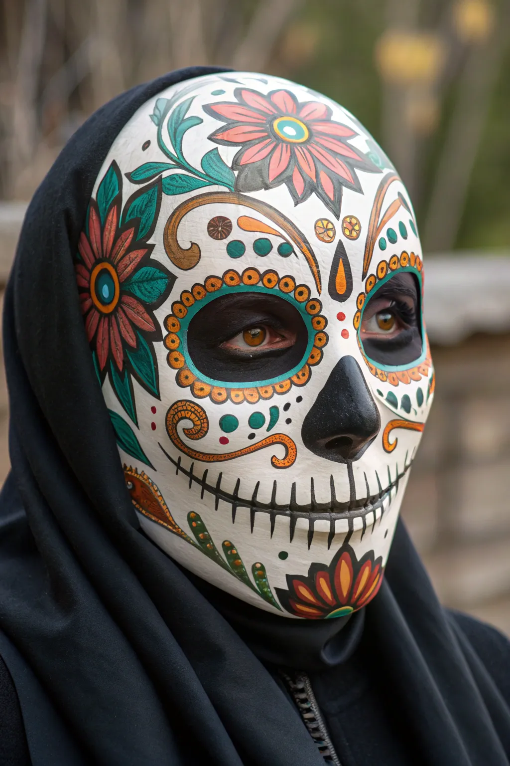 Symmetrical sugar skull floral mask with bold color contrast and artisan detail