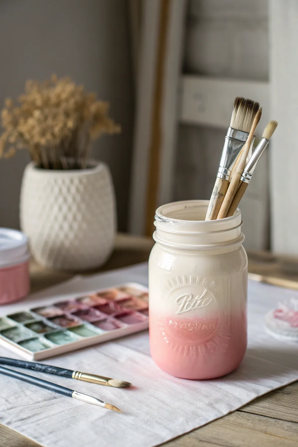 Soft blush-to-cream ombre mason jar centerpiece, minimalist boho craft aesthetic with bold contrast.
