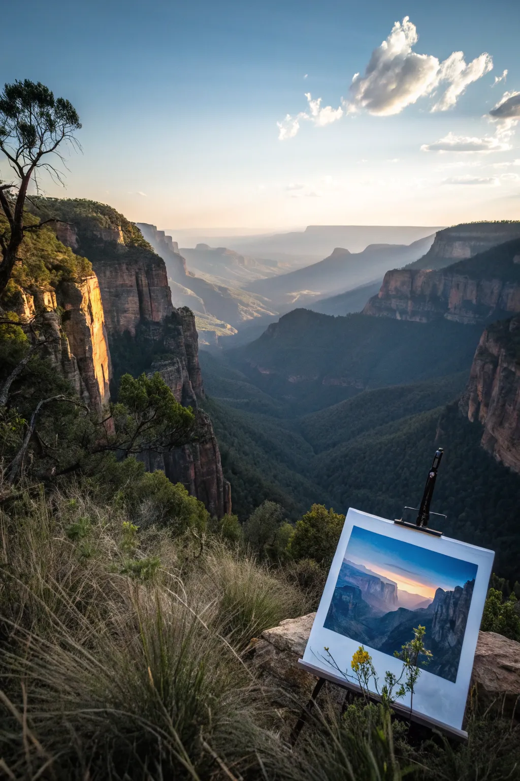 Cinematic cliff-edge reveal matte painting, dark framing plants opening to a glowing world beyond