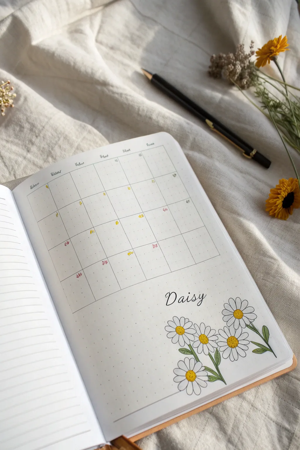 Minimal May calendar page with daisy doodle margin, crisp ink lines and bold sunny centers