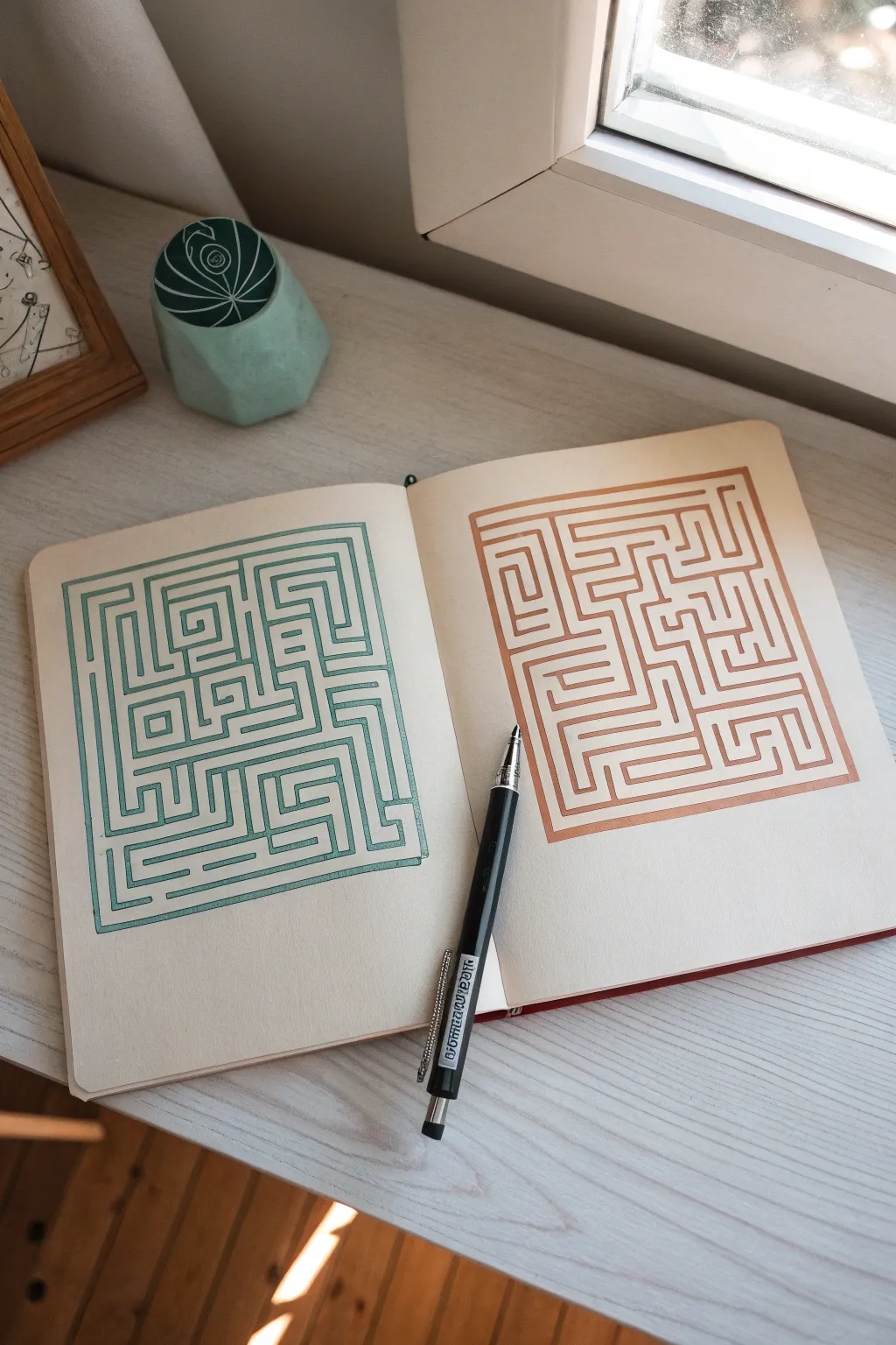 Side-by-side maze pair: one pristine, one solved with a bold, satisfying color path