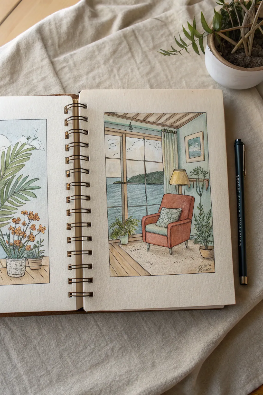 Draw your calm place sanctuary in a clean, cozy sketchbook scene with soothing colors and bold contrast
