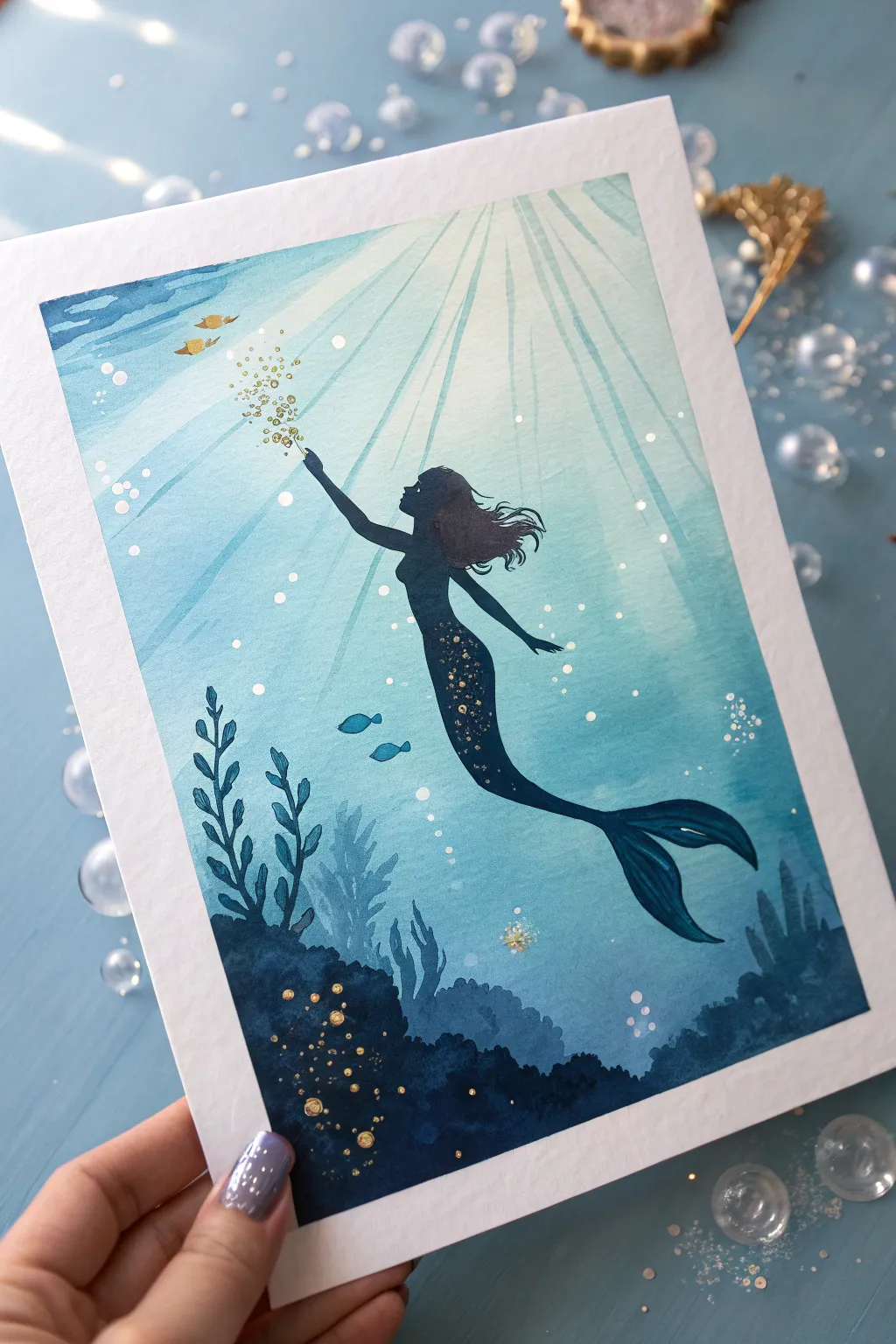 Blue gradient underwater mermaid painting with bubbles and light rays, minimal yet bold and dreamy