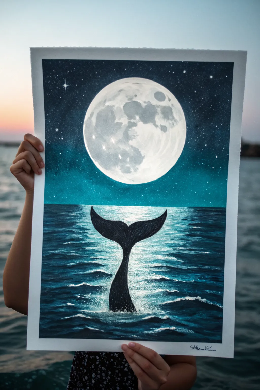 Moonlit mermaid tail silhouette with rippling reflection, bold contrast and moody night hues