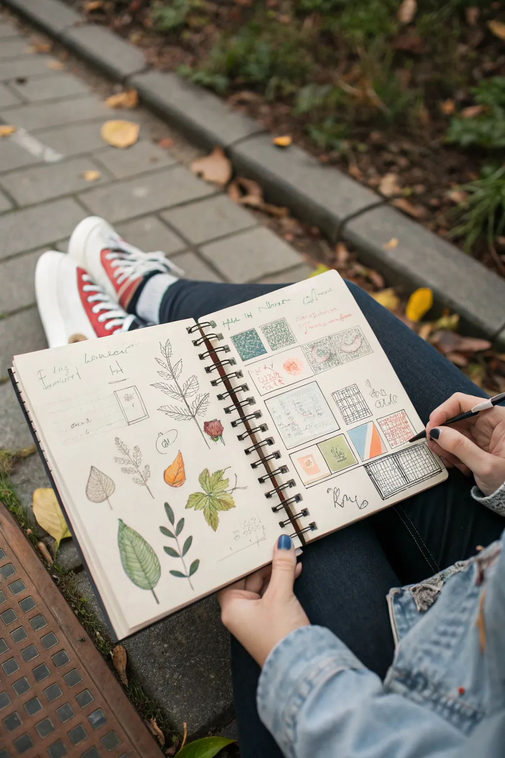 A crammed sketchbook page of tiny studies, every inch used, with bold color pops and cozy minimal styling.