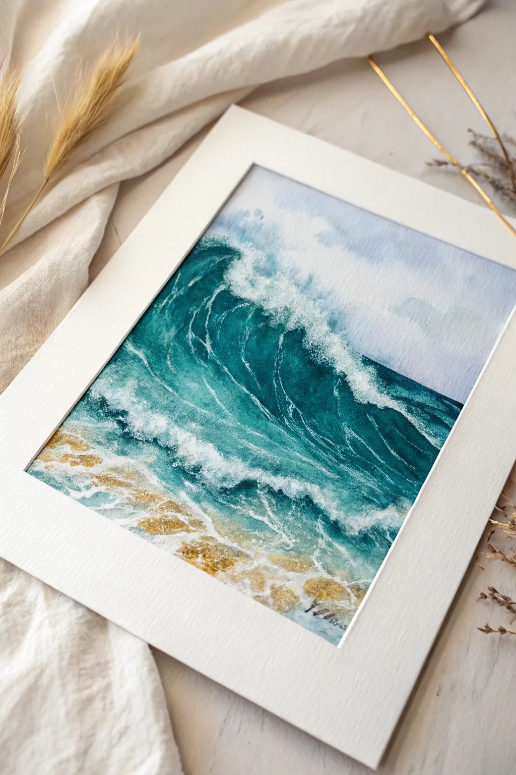 Paint ocean waves in bold blues, then add metallic gold highlights for sunlit shimmer.