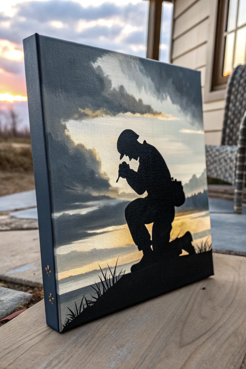 Minimalist kneeling soldier silhouette with golden light rays, a calm military painting idea.