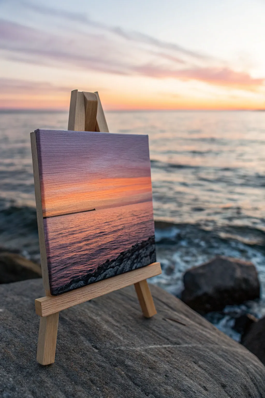 Ocean Horizon at Dusk: a tiny canvas with bold sky glow and inky water, minimalist calm.