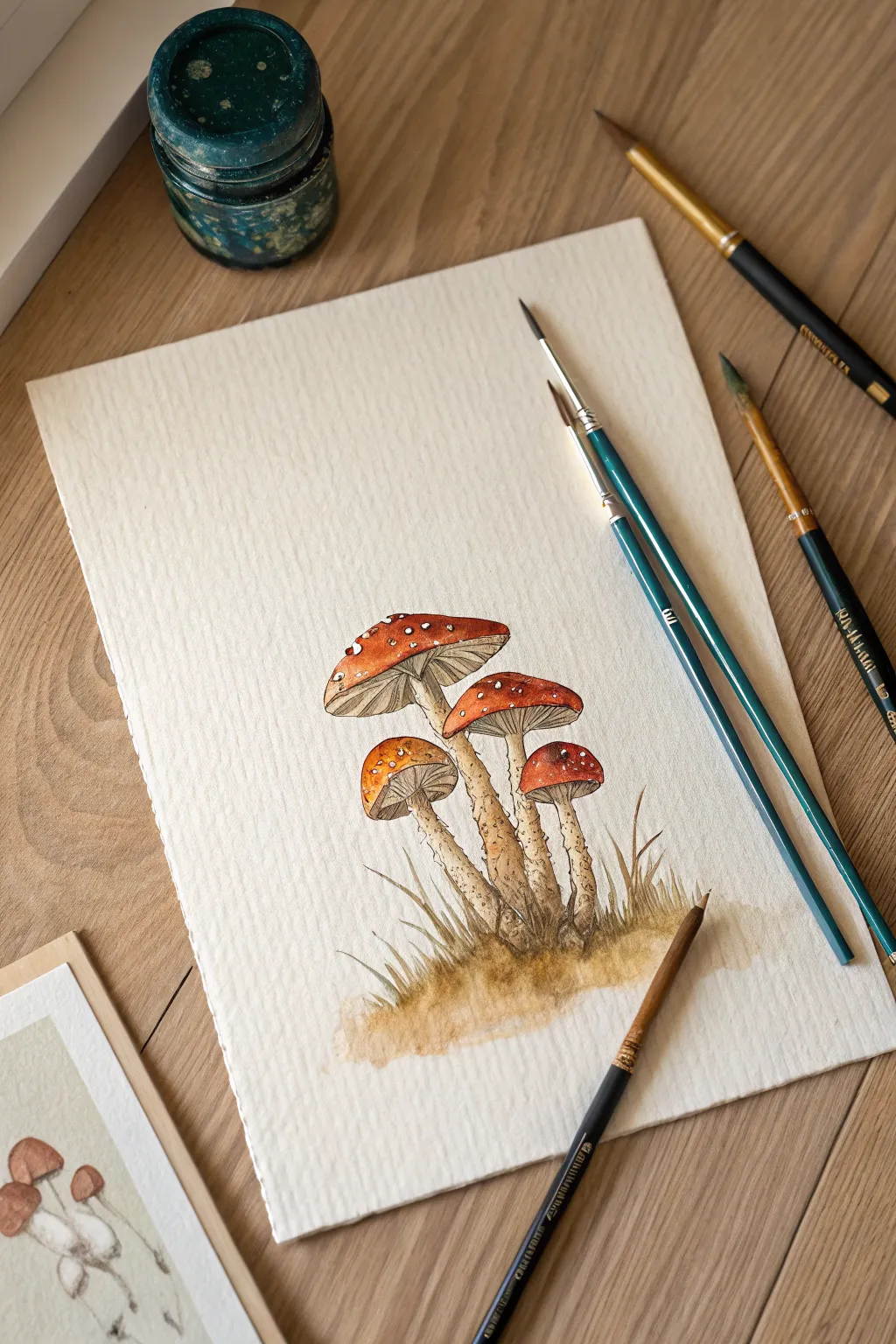 Mini mushroom cluster study for your sketchbook: tiny caps, bold color accents, soft shadow.
