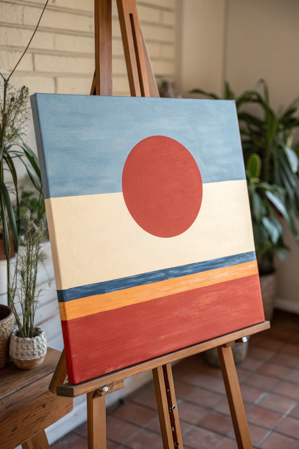 Minimalist sun over horizon painting idea with bold circle and calm color fields for modern spaces