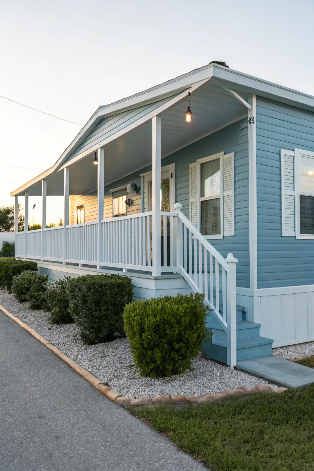 Dusty blue mobile home with bright white trim and greenery accents for modern curb appeal