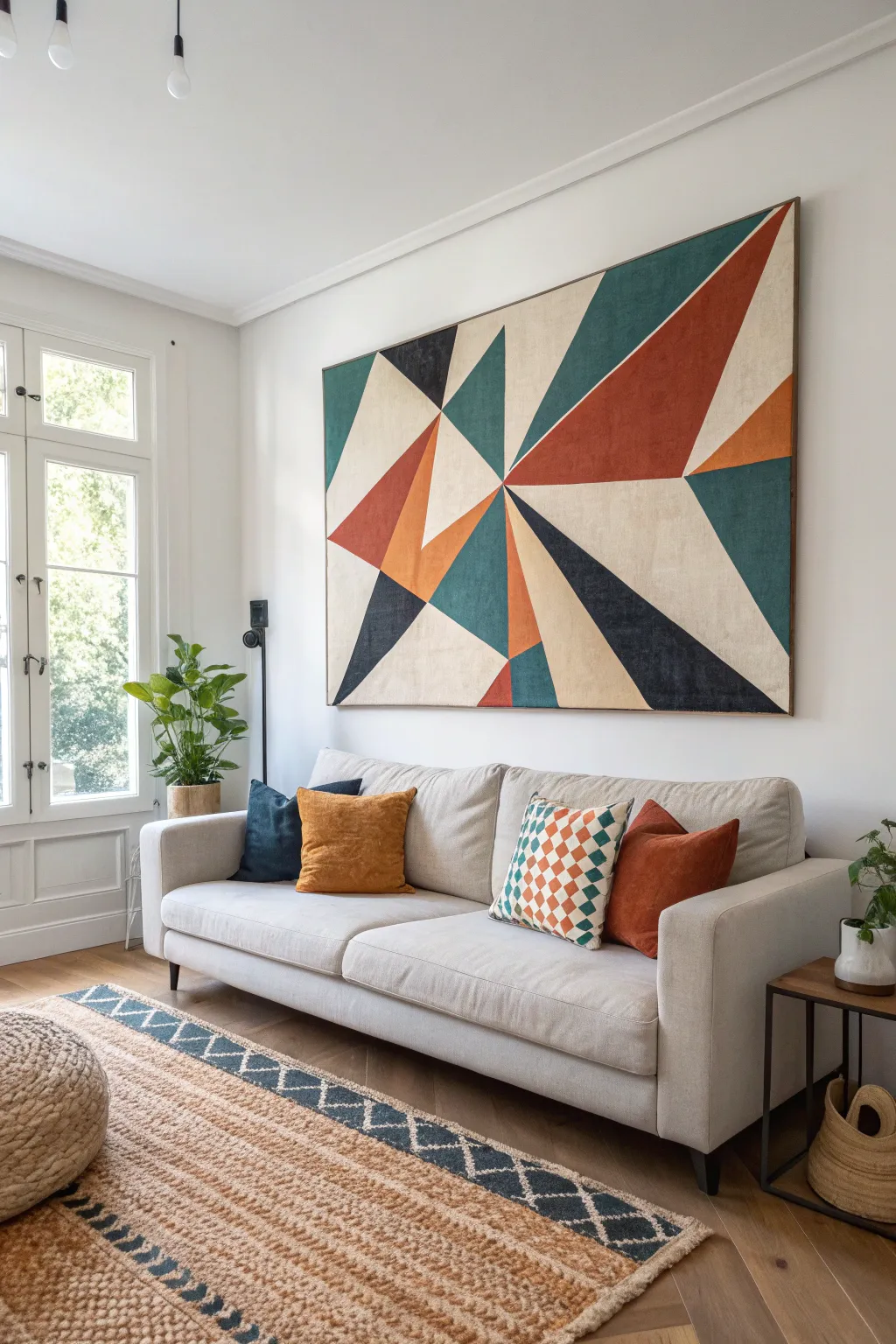 Geometric canvas art that picks up your rug pattern for a cohesive, modern living room look.