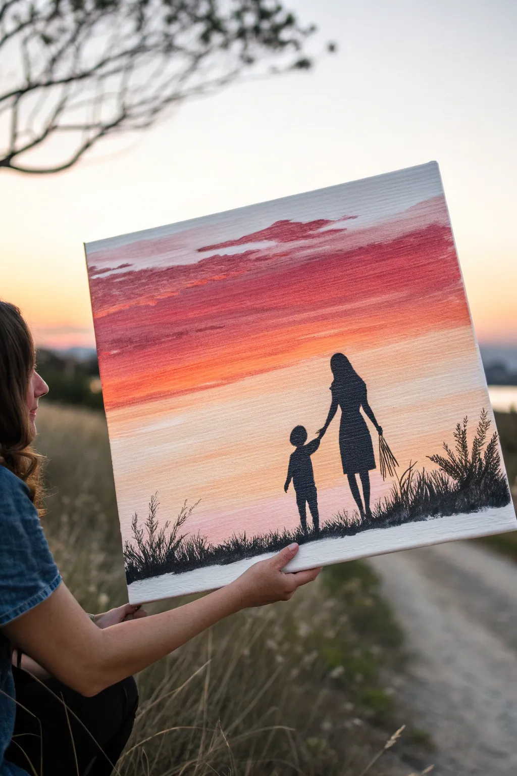 Minimal sunset silhouette painting: mom and child holding hands in bold, calming gradient hues