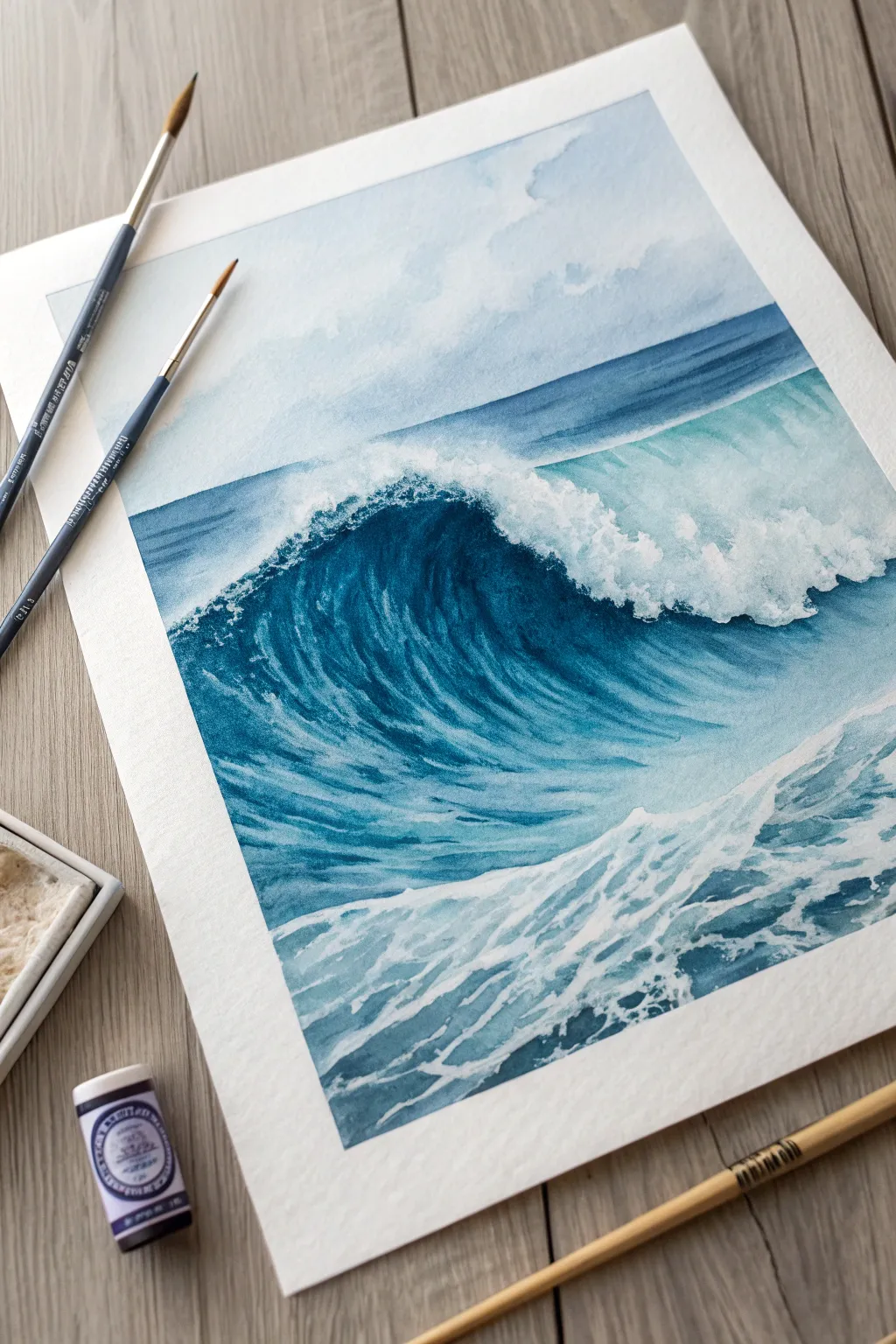 Monochrome ocean wave study: crisp foam, deep-to-pale tones, calm minimalist craft