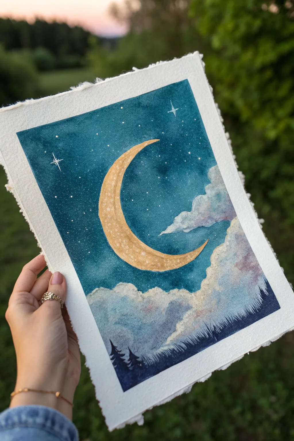 Moody crescent moon watercolor with airy clouds, minimalist Scandinavian palette with boho warmth
