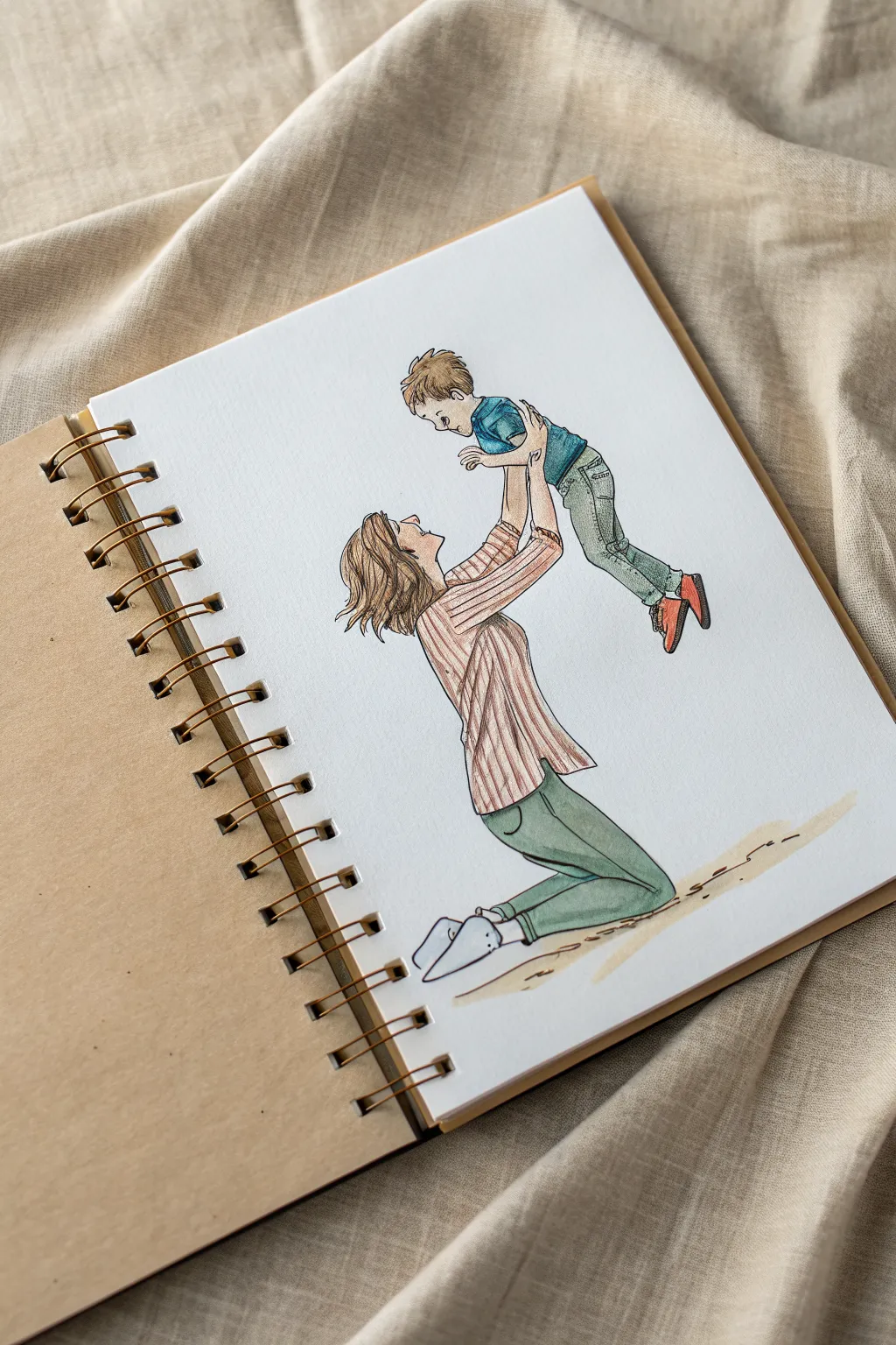 Mother lifting son sketch: minimal lines, bold terracotta and teal, joyful motion to draw