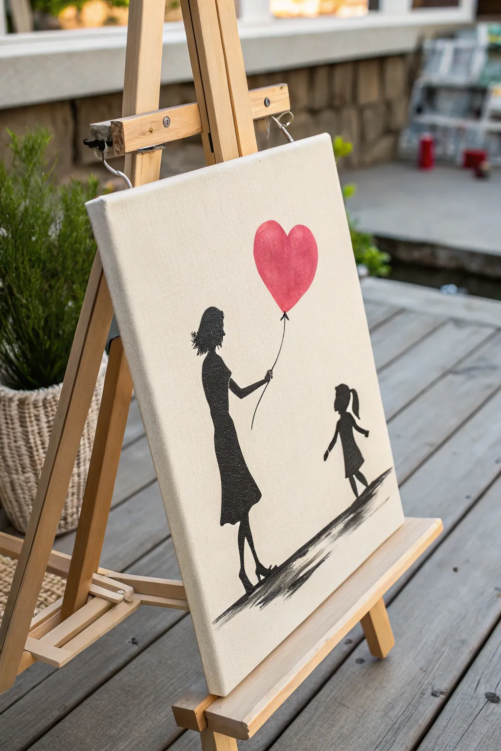 Minimalist mother and daughter hand off a heart balloon, with a bold red pop on calm neutrals.