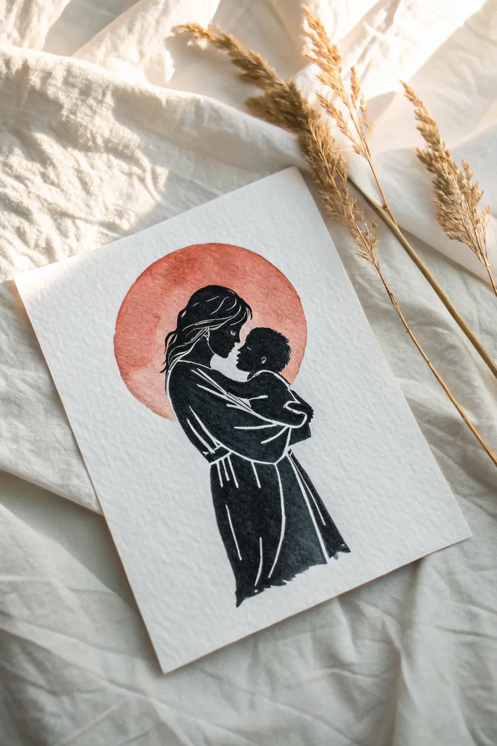 Minimal mom and child hug silhouette with soft watercolor glow, perfect Mothers Day drawing idea