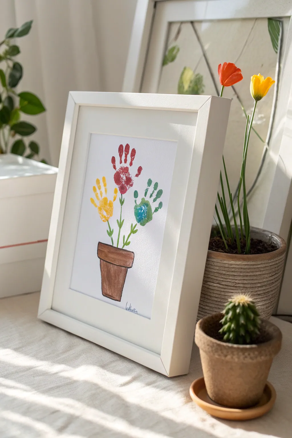 Handprint flower pot keepsake in a white frame, simple Scandinavian style with bright fingerprint petals