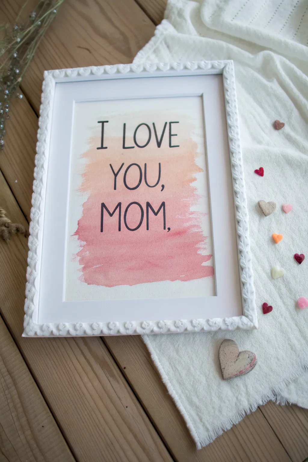 Simple Mothers Day art: bold I Love You Mom lettering on a pink to peach watercolor wash.