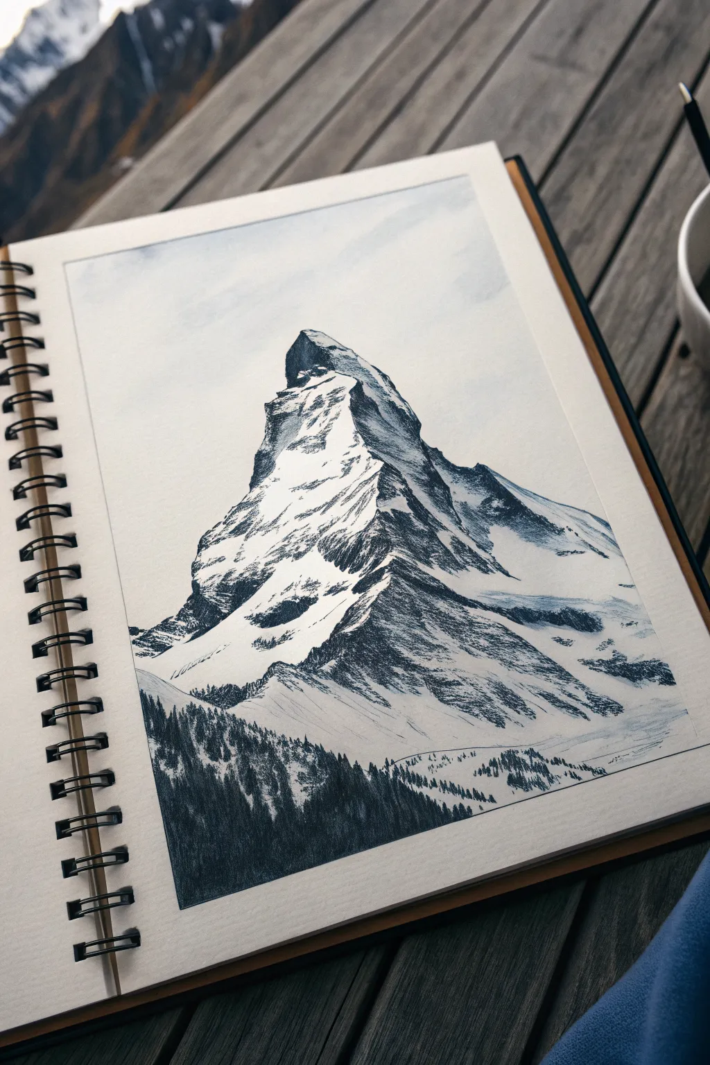 Snow-capped mountain sketch idea with crisp negative space and bold, dark rock shading
