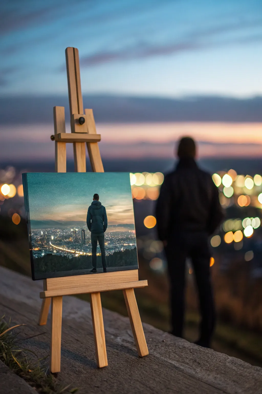 From-behind silhouette + glowing dusk skyline for an instantly cinematic, movie-inspired painting.