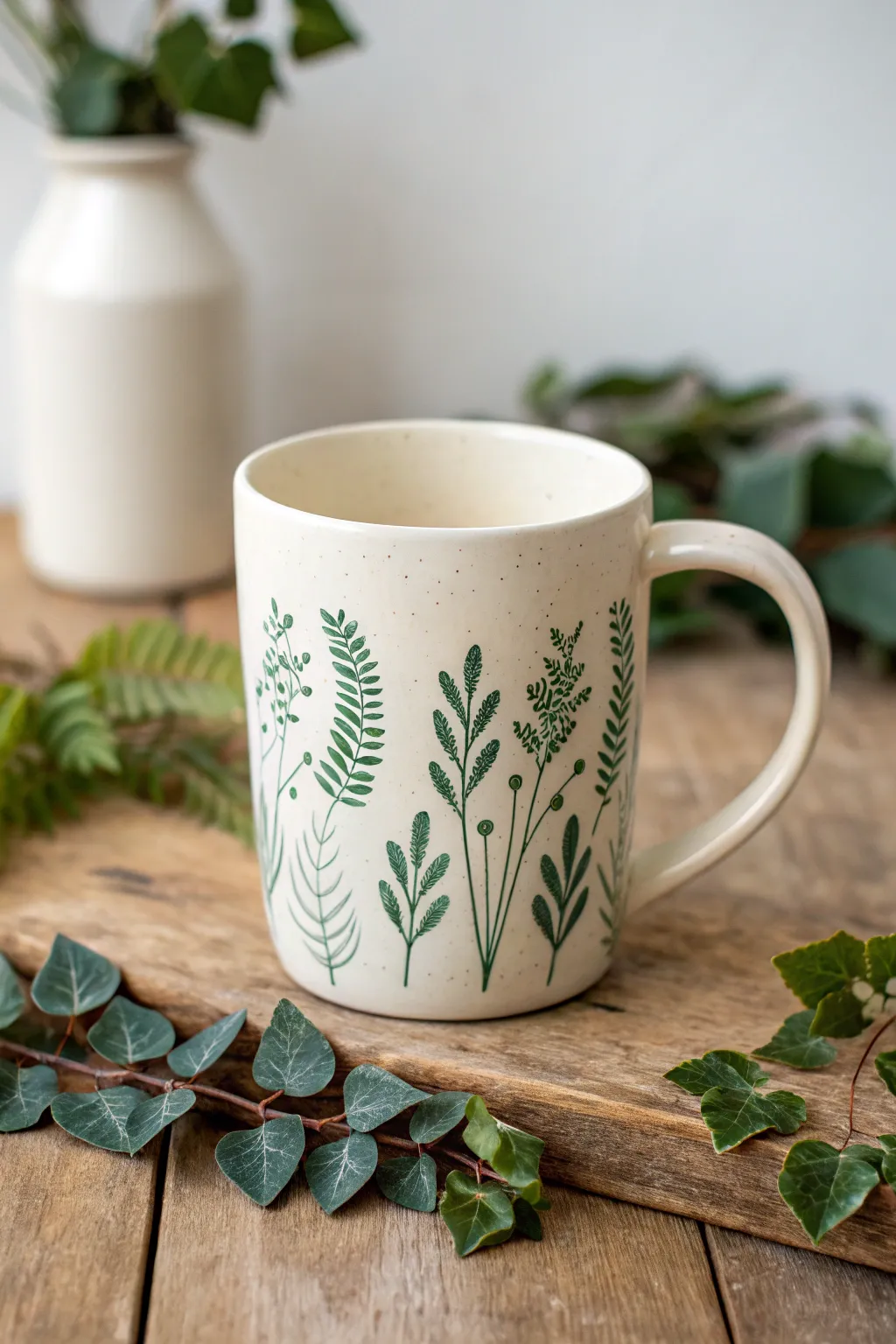 Minimal leafy sprigs on a mostly blank mug for a clean, modern botanical look