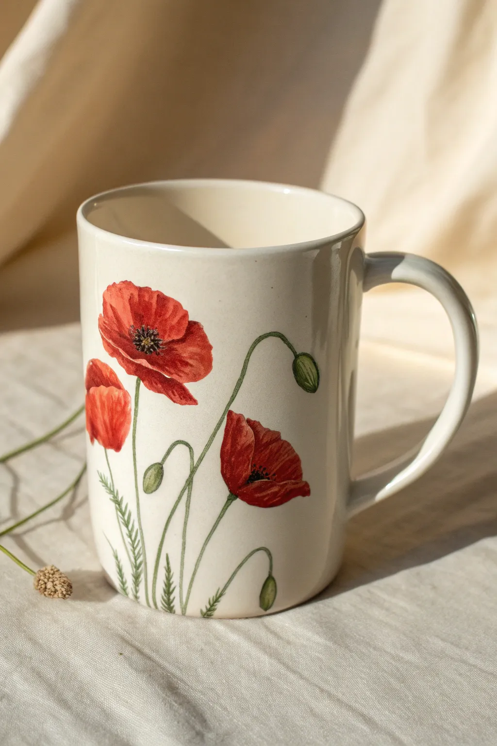 Loose red poppies on a white mug, soft watery edges for an easy, airy floral painting idea.